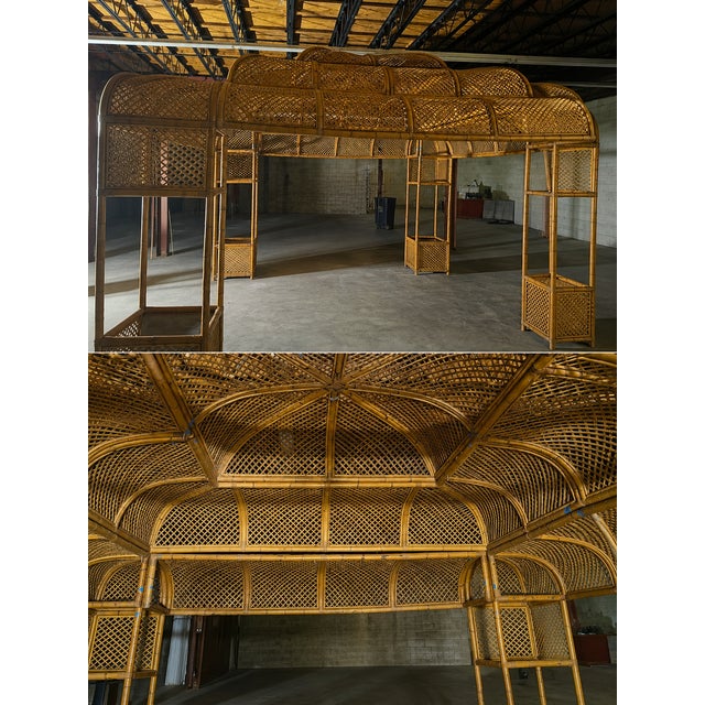 Spectacular and rare oversized handwoven rattan pavilion featuring a three-tier arched roof and intricate lattice...
