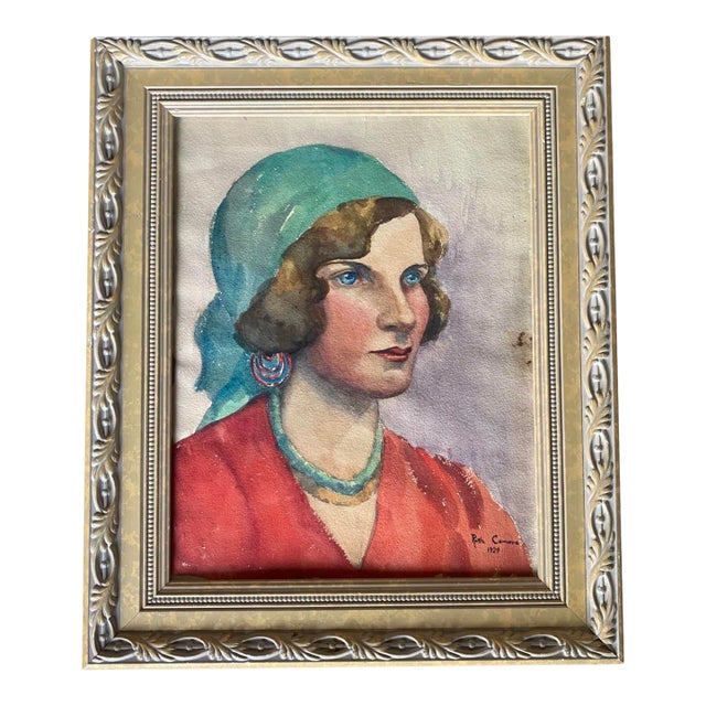 Vintage Water Color Portrait Painting of a Bohemian Woman on Paper Framed, Artist Signed 1929 For Sale