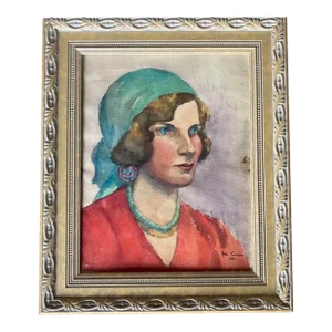 Vintage Water Color Portrait Painting of a Bohemian Woman on Paper Framed, Artist Signed 1929