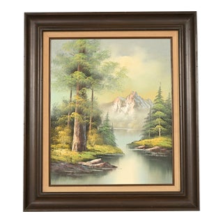 Bob Ross Style Original Signed Lakeside Mountain Landscape Oil Painting in Carved Wood Frame For Sale