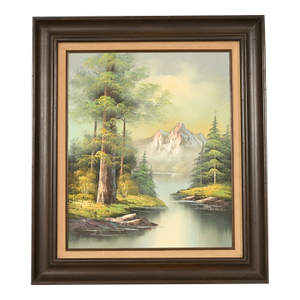 Bob Ross Style Original Signed Lakeside Mountain Landscape Oil Painting in Carved Wood Frame