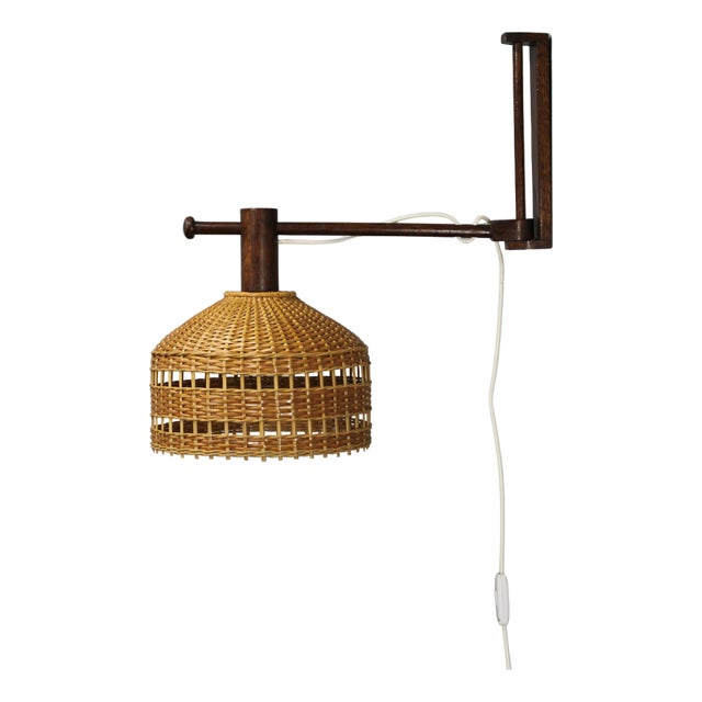 Mid-Century Adjustable Wooden Wall Lamp with Rattan Shade, 1970s For Sale