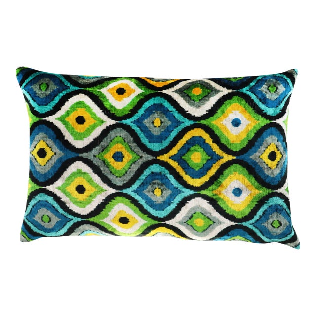 Handmade Blue & Yellow Silk Velvet Throw Pillow & Down Insert For Sale