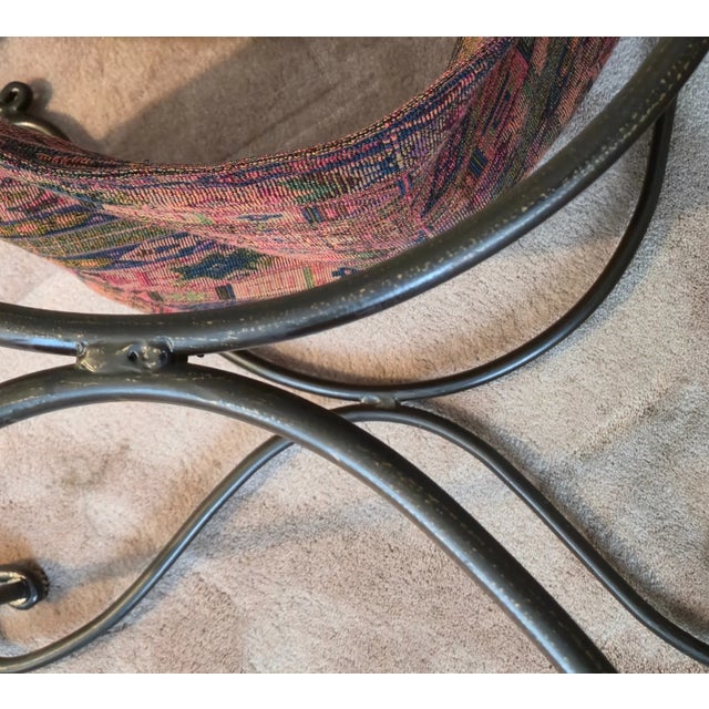 1980s Attributed to David Hicks Wrought Iron Tapestry Sling Chair With Brass Finials For Sale - Image 12 of 16