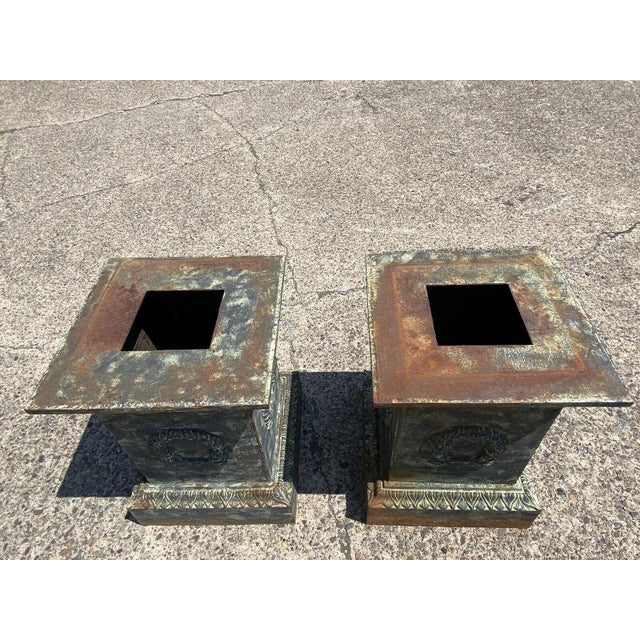 Metal Vintage Neoclassical Cast Iron Wreath Garden Urn Planter Pedestal Base - Pair For Sale - Image 7 of 12