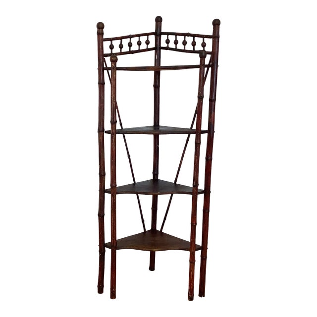 1960s British Colonial Ball and Stick Scorched Bamboo Corner Etagere in Burnt Mahogany. For Sale
