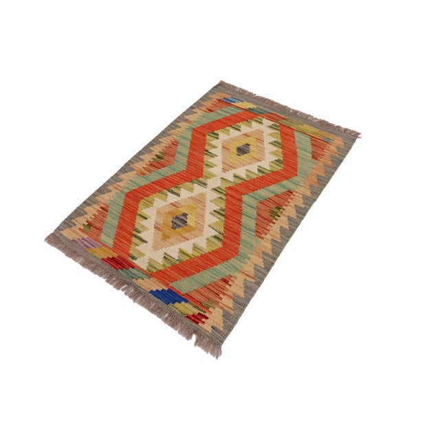 Abstract Rustic Turkish Kilim Gray Beige Hand-Woven Wool Rug For Sale - Image 3 of 9