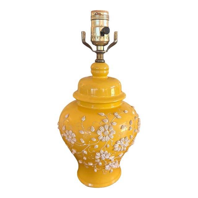 Vintage c.1950s Marigold Porcelain Ginger Jar Table Lamp With Raised Floral Relief For Sale