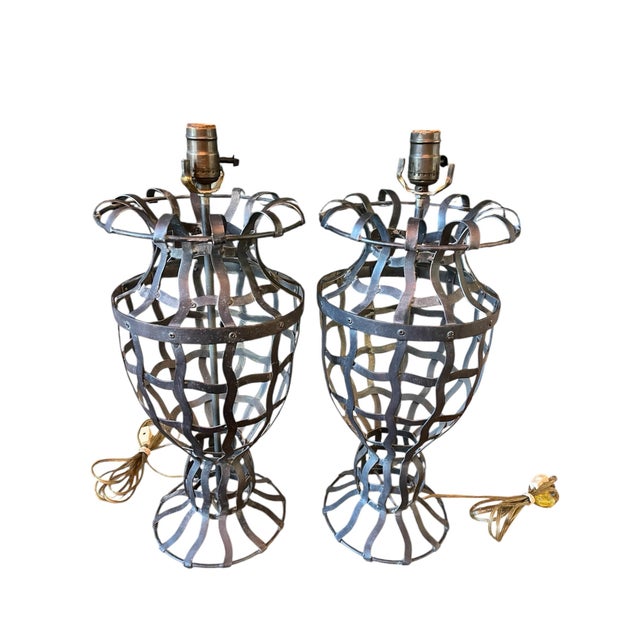 Vintage Hand-Forged Wrought Iron Basket Form Table Lamps, a Pair For Sale In Naples, FL - Image 6 of 10