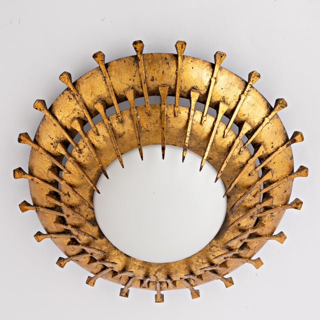 Brutalist Mid 20th Century Brutalist Spanish Sunburst Flush Mount Gilded Iron For Sale - Image 3 of 7