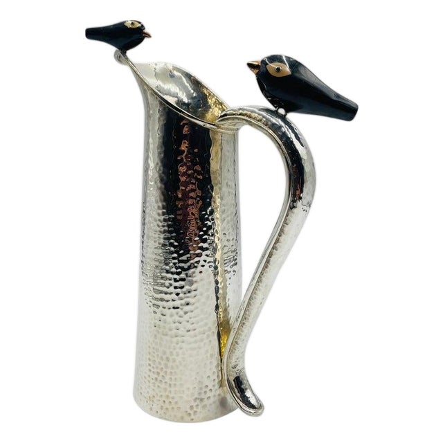 1980s Rare Emilia Castillo Silver-Plated Pitcher With Onyx & Jasper Birds For Sale