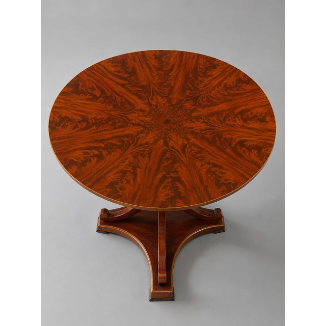 A striking English Regency flame mahogany tilt-top center or breakfast table, circa 1810–1830, conceived with the bold...