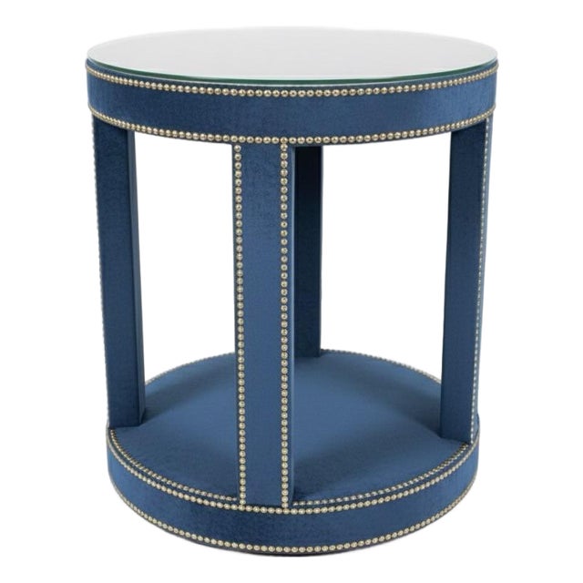 Hollywood Regency Blue Velvet & Brass Studded Side Table For Sale