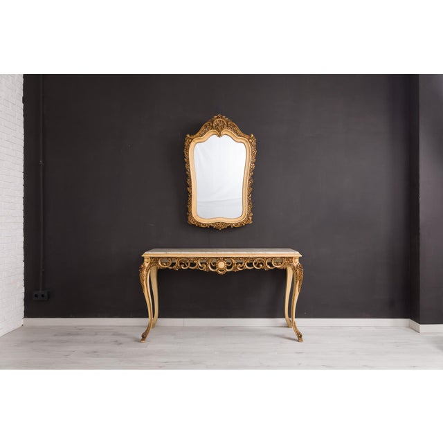 Rococo Rococo Revival Gold-Painted Wood Console Table with Marble Top and Wall Mirror, 1970s, Set of 2 For Sale - Image 3 of 11