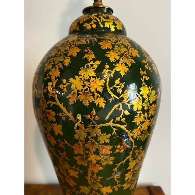 Paper Antique Large Table Lamp Gold Laquored With Handpainted Birds and Leaves For Sale - Image 7 of 12