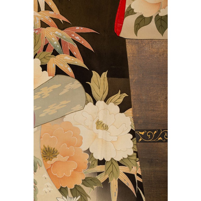 Japanese Two Panel Screen: Kimono on Rack Kimono fabric applied to silver ground and painted kimono rack. Robe decorated...