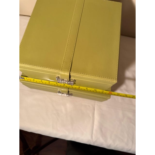 Mid-Century Modern Vintage Global Views Chartreuse Leather Decorative Boxes With Polished Chrome Greek Key Hardware - Set of 2 For Sale - Image 3 of 5