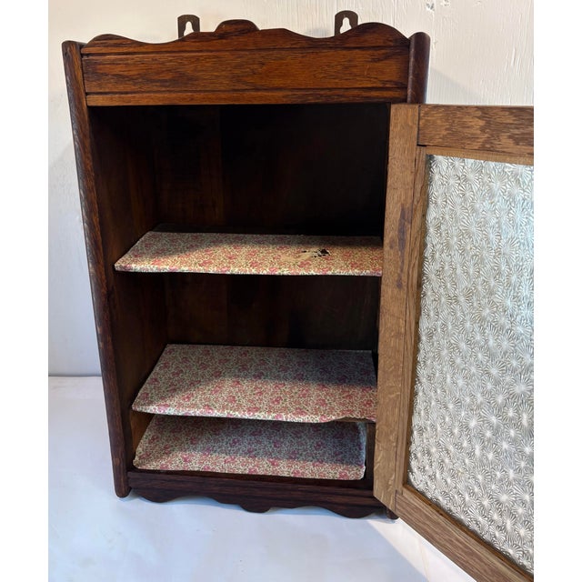 Brown Antique Primitive Wall Cabinet With Patterned Glass Door For Sale - Image 8 of 11