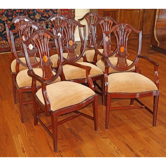 1990s Stunning Set of 8 Mahogany Inlaid Hepplewhite Regency Style Sheild Dining Chairs For Sale In New York - Image 6 of 17