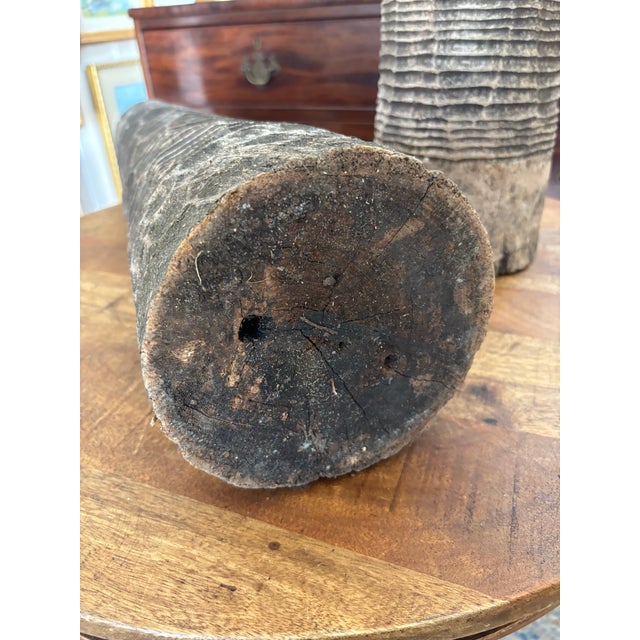 Late 20th Century Solid Wood Hand Carved Weathered and Aged Extra Tall Floor Candle Pillars, a Pair For Sale - Image 6 of 10