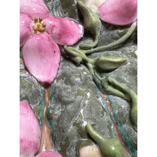 19th Century Majolica Leaf Wall Pocket – Pink Blossoms & Branch Handles – Relief Molded Continental Pottery, George Jones Style For Sale - Image 16 of 16