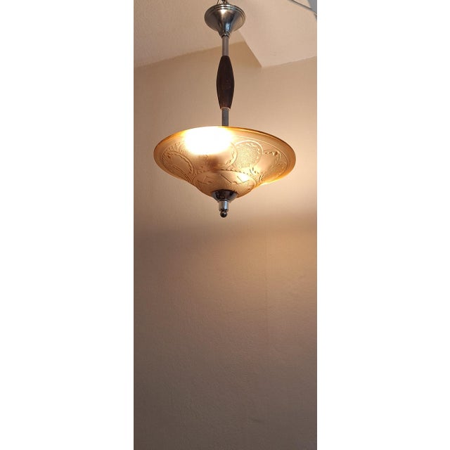 1920s Antique French Art Deco Ceiling Lamp with Pink-Tinted Relief Glass Shade, 1920s For Sale - Image 5 of 7