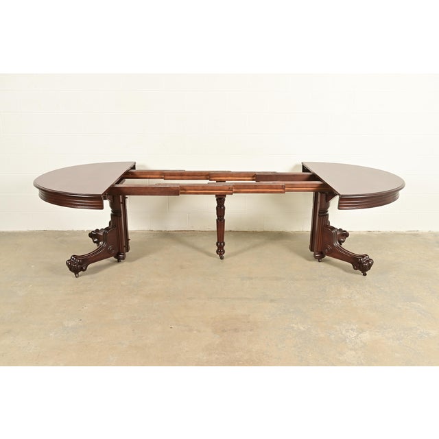 R. J. Horner Antique Victorian Carved Mahogany Split Pedestal Extension Dining Table With Lion Paw Feet, Newly Refinished For Sale In South Bend - Image 6 of 12
