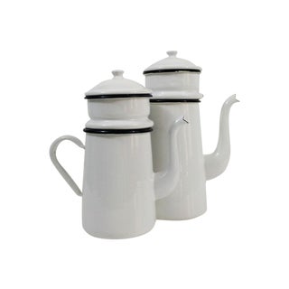 French White Enamel Two Tier Cafetières - Set of 2 For Sale