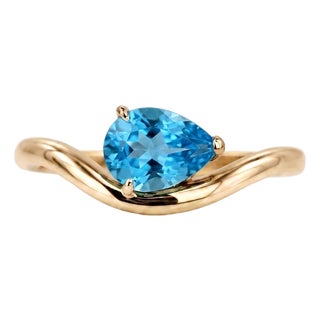 Swiss Blue Topaz Engagement Ring | Curved Solitaire East-West Ring | December Birthstone Ring Us 7 For Sale