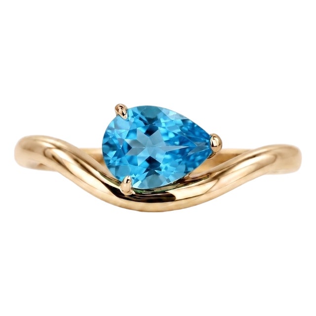 Swiss Blue Topaz Engagement Ring | Curved Solitaire East-West Ring | December Birthstone Ring Us 7 For Sale