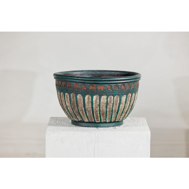 Vintage Emerald-Green Painted Terracotta Planter with Carved Motifs For Sale - Image 13 of 18