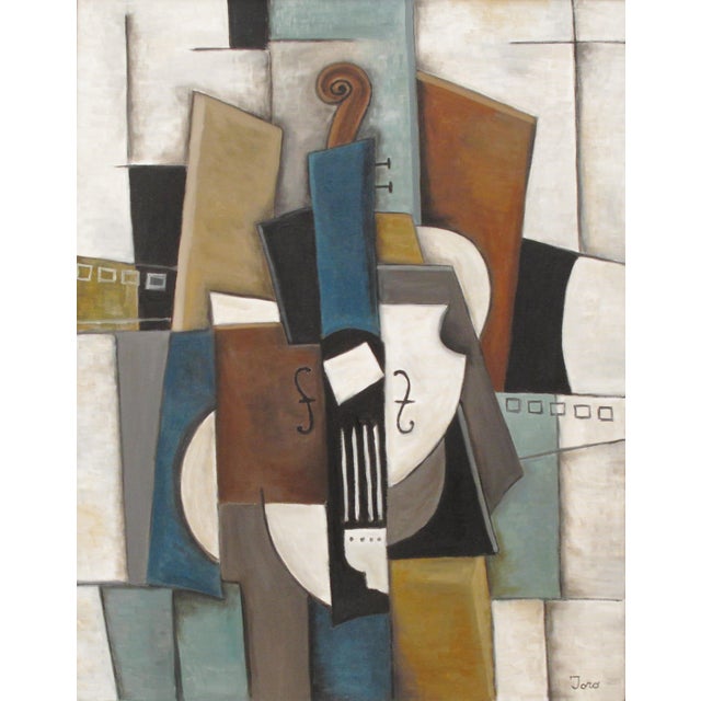 "Blue Violin" is a classic, cubistic style oil painting with a musical theme honoring the violin. It has a soft, yet rich...