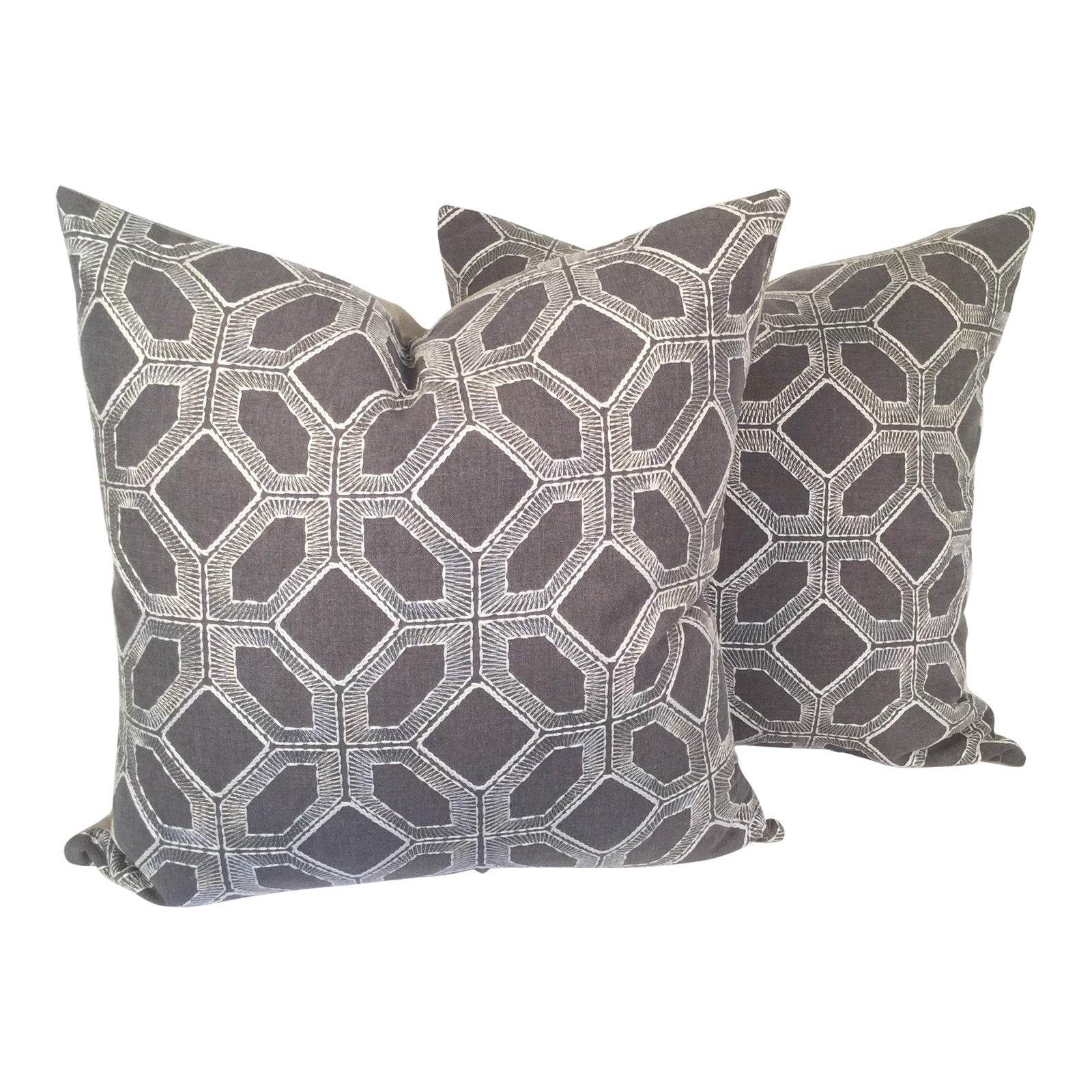 Grey Linen Pillows With White Embroidery Chairish