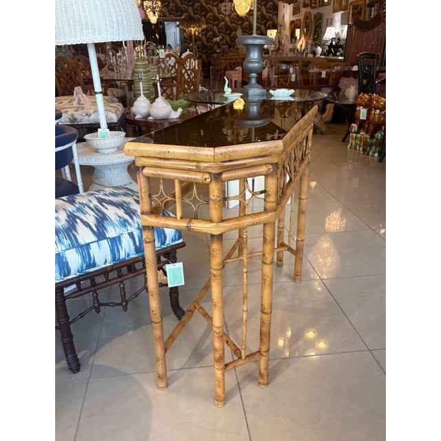 Vintage Brighton Style Rattan Woven Cane Tortoise Demi Lune Console Table For Sale - Image 10 of 12