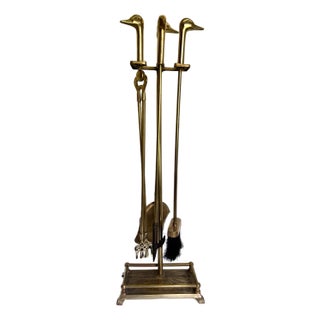 Mid-Century Brass Duck Head Fireplace Tool Set For Sale