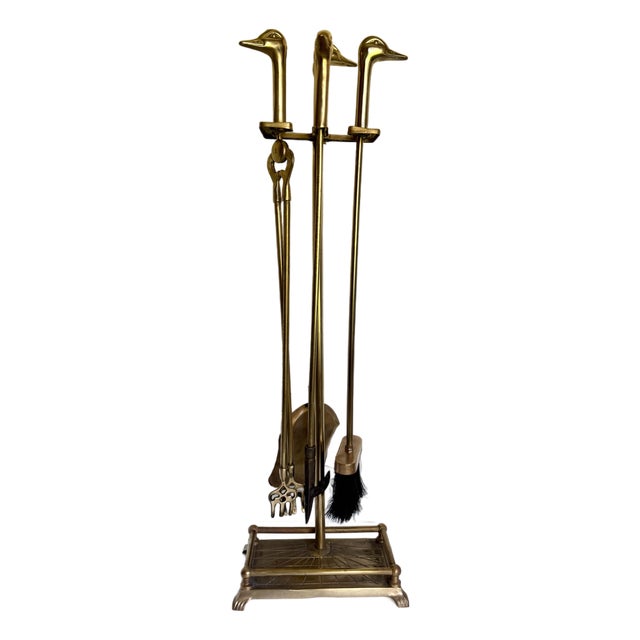 Mid-Century Brass Duck Head Fireplace Tool Set For Sale