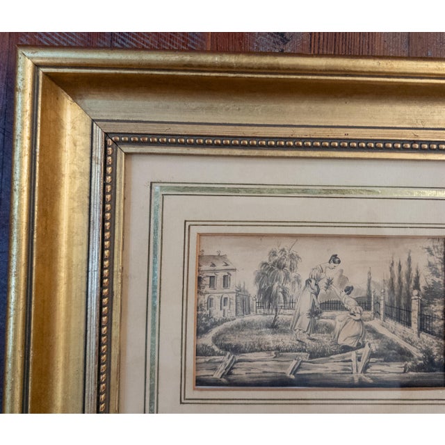 19th Century European English Pen and Ink Genre Scene With Women in a Garden For Sale - Image 9 of 15