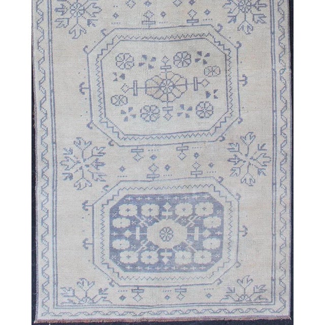 Turkish Vintage Turkish Oushak Runner in Medium Blue, Lt. Blue & Tan Background For Sale - Image 3 of 12