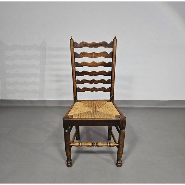 Rustic Oak Farmhouse Ladderback Dining Chairs with Rush Seats, 1960s, Set of 4 For Sale - Image 4 of 18