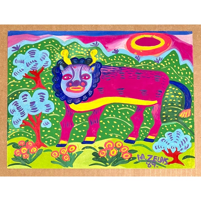 Green Malcah Zeldis, Malcah Zeldis Folk Art Gouache Painting Mod Bull Jewish Woman Outsider Artist, 1989 For Sale - Image 8 of 10