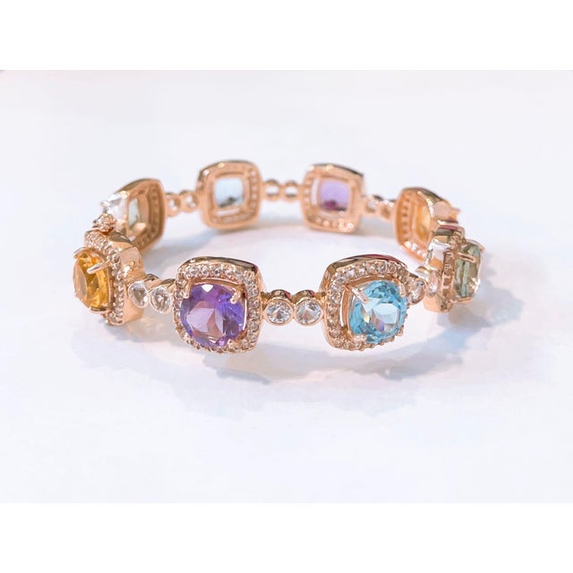 Bochic Capri” Vintage Sapphire & Multi Natural Gem Bangle Set 18K Gold & Silver For Sale - Image 10 of 15