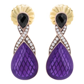 18K Rose Gold Flash Plated .925 Sterling Silver Purple Enamel 1/5 Cttw Round Pave-Set Diamond and 5.5 x 4mm Pear-Shaped Black Onyx Drop Earrings For Sale