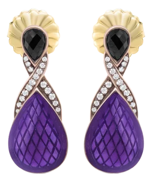 18K Rose Gold Flash Plated .925 Sterling Silver Purple Enamel 1/5 Cttw Round Pave-Set Diamond and 5.5 x 4mm Pear-Shaped Black Onyx Drop Earrings