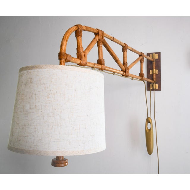 Mid-Century Modern Wall Mounted Rattan Swing Arm Wall Lighting For Sale - Image 3 of 5