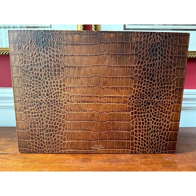 1990s Vintage Smythson of Bond St. Luxury Embossed Brown Leather Stationary Desk Organizer For Sale - Image 5 of 9