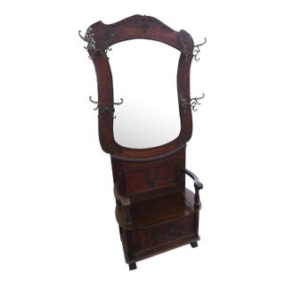Early 1900s Victorian Carved Hall Tree Coat Hat Stand With Mirror and Bench 5932 For Sale