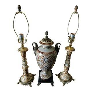 Vintage French Renaissance Rococo Table Lamps & Longwy-Style Ceramic Urn - Set of 3 For Sale