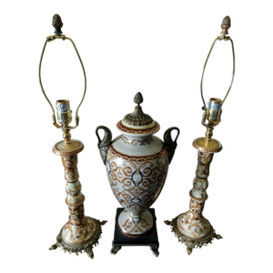 Vintage French Renaissance Rococo Table Lamps & Longwy-Style Ceramic Urn - Set of 3