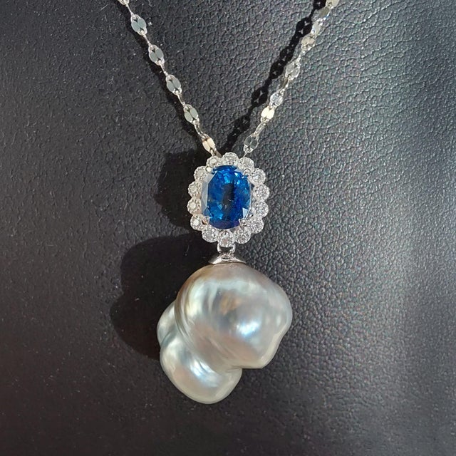 Metal Oval Sapphire, Diamond and South Sea Pearl Platinum Pendant Necklace - Fei Liu For Sale - Image 7 of 8