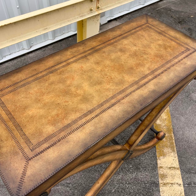 Brown Neoclassical Tooled Leather Greek Key X Base Console Table by Kreiss Collection For Sale - Image 8 of 12